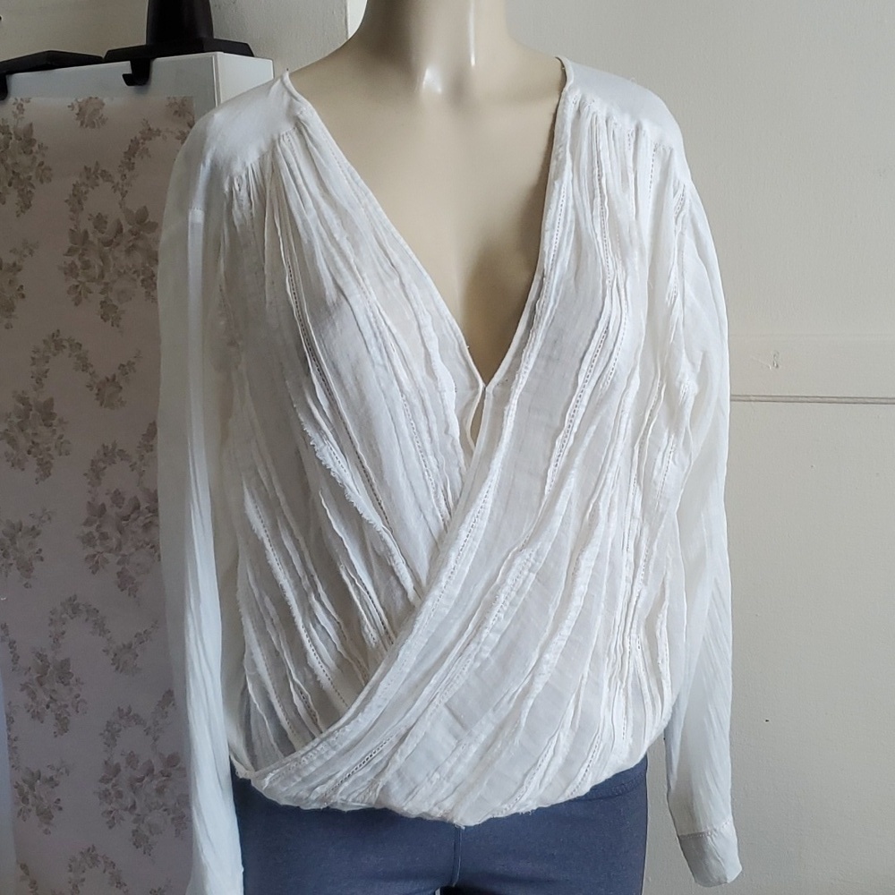 FP One by Free People Long Sleeve Wrap Front Top Blouse 100% Cotton Size S